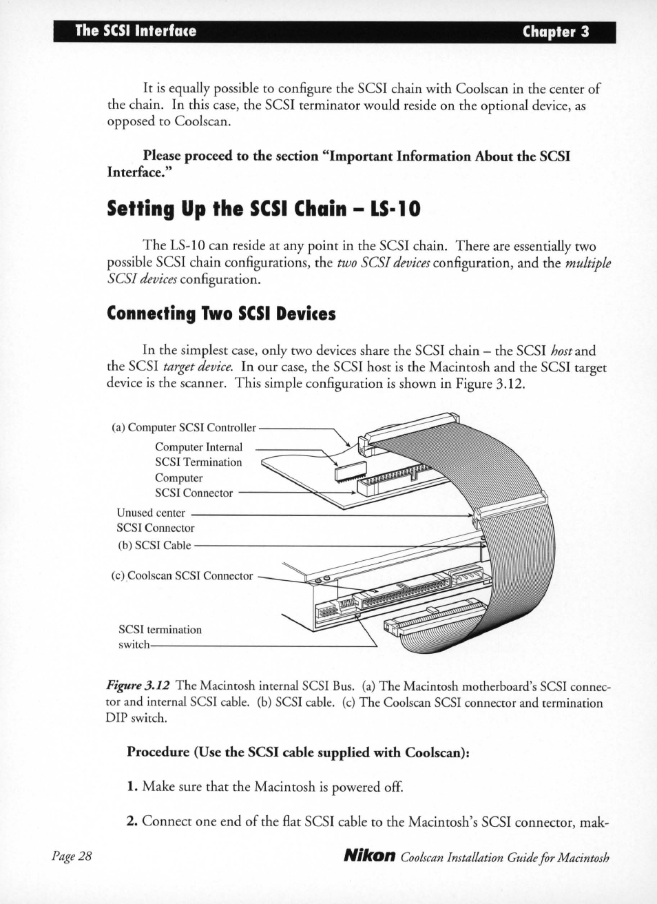Setting up the scsi chain - ls*10, Connecting two scsi devices, Setting up the scsi chain - ls-10 | Nikon LS-10 Installation Guide for Macintosh User Manual | Page 35 / 68