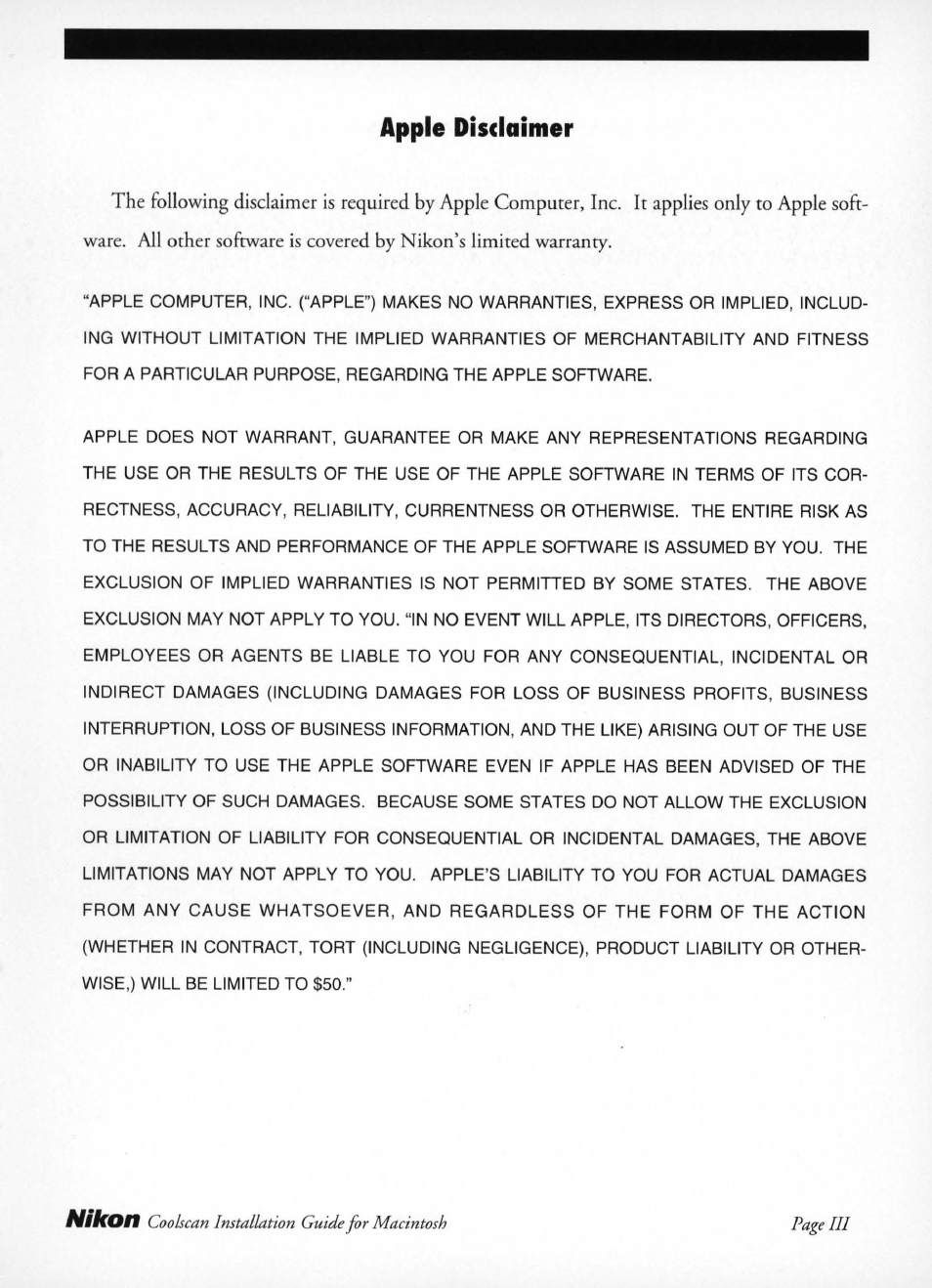 Apple disclaimer, Nikon, Coolscan installation guide for macintosh page iii | Nikon LS-10 Installation Guide for Macintosh User Manual | Page 4 / 68