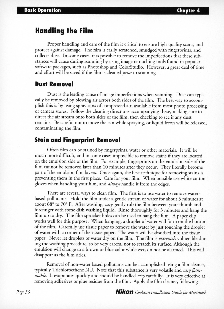 Handling the film, Dust removal, Stain and fingerprint removal | Nikon LS-10 Installation Guide for Macintosh User Manual | Page 43 / 68