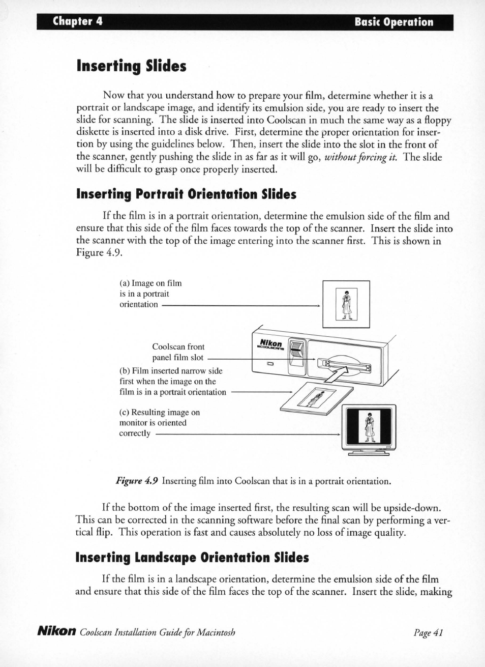 Inserting slides, Inserting portrait orientation slides, Inserting landscape orientation slides | Inserting portrait orientation slides l, Inserting landscape orientation slides l | Nikon LS-10 Installation Guide for Macintosh User Manual | Page 48 / 68