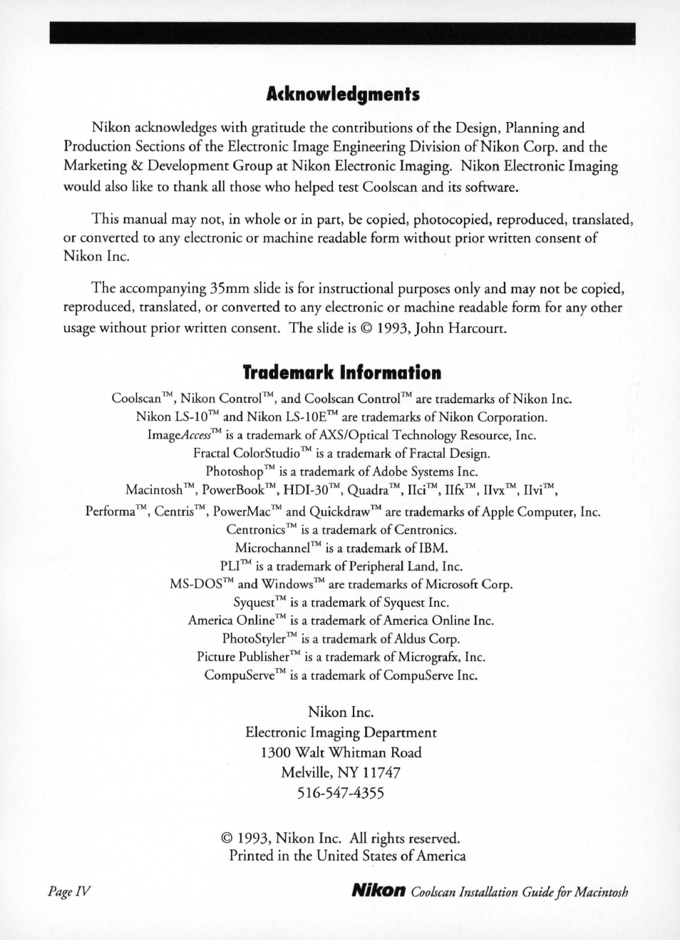 Acknowledgments, Trademark information | Nikon LS-10 Installation Guide for Macintosh User Manual | Page 5 / 68