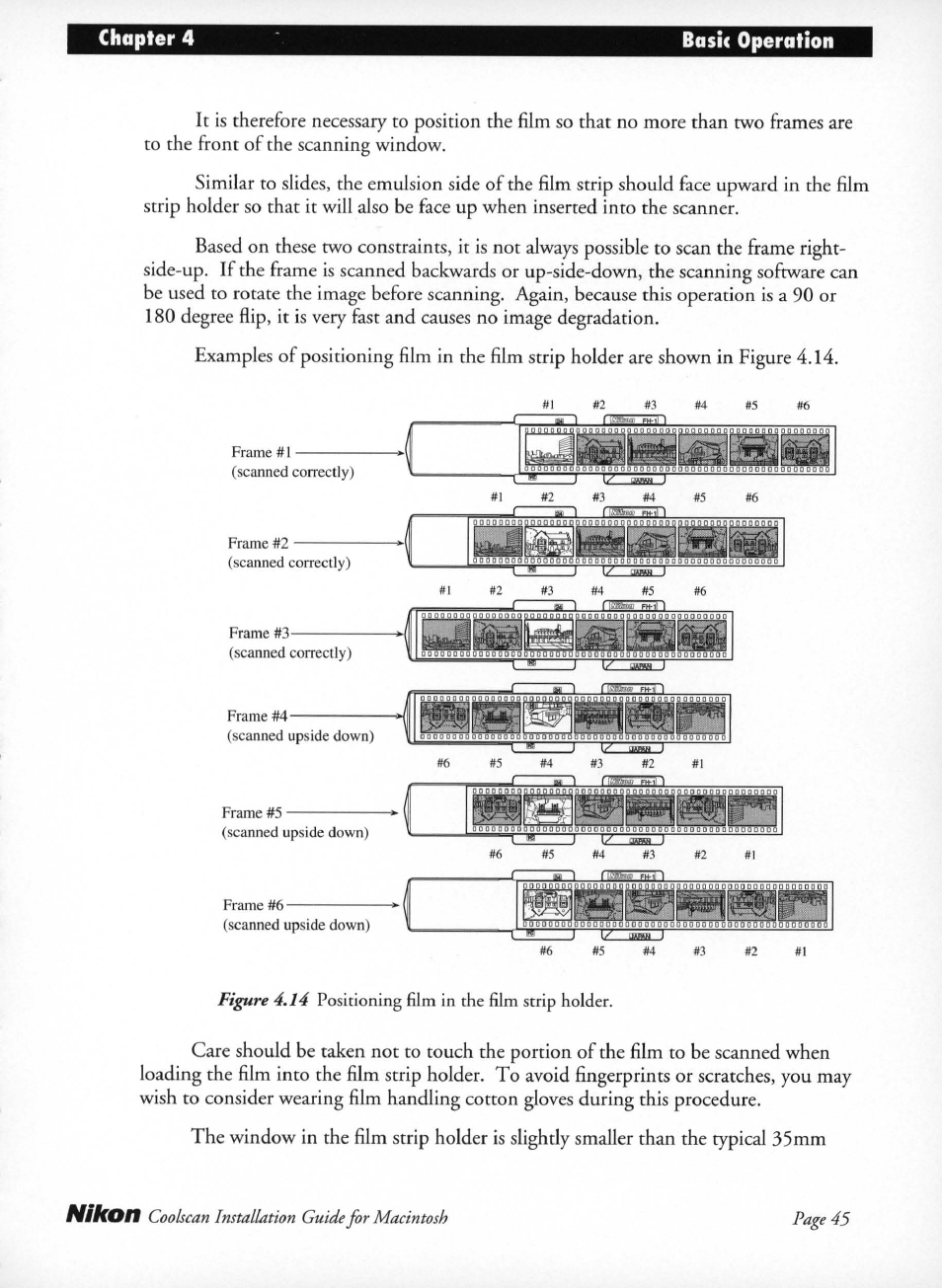 Bask operation, Id 1/ obwi 1, Ddoton | Papqpcdqd, Positioning film in the film strip holder, Figure 4.14, Nikon, Coobcan installation guide for macintosh page 45 | Nikon LS-10 Installation Guide for Macintosh User Manual | Page 52 / 68