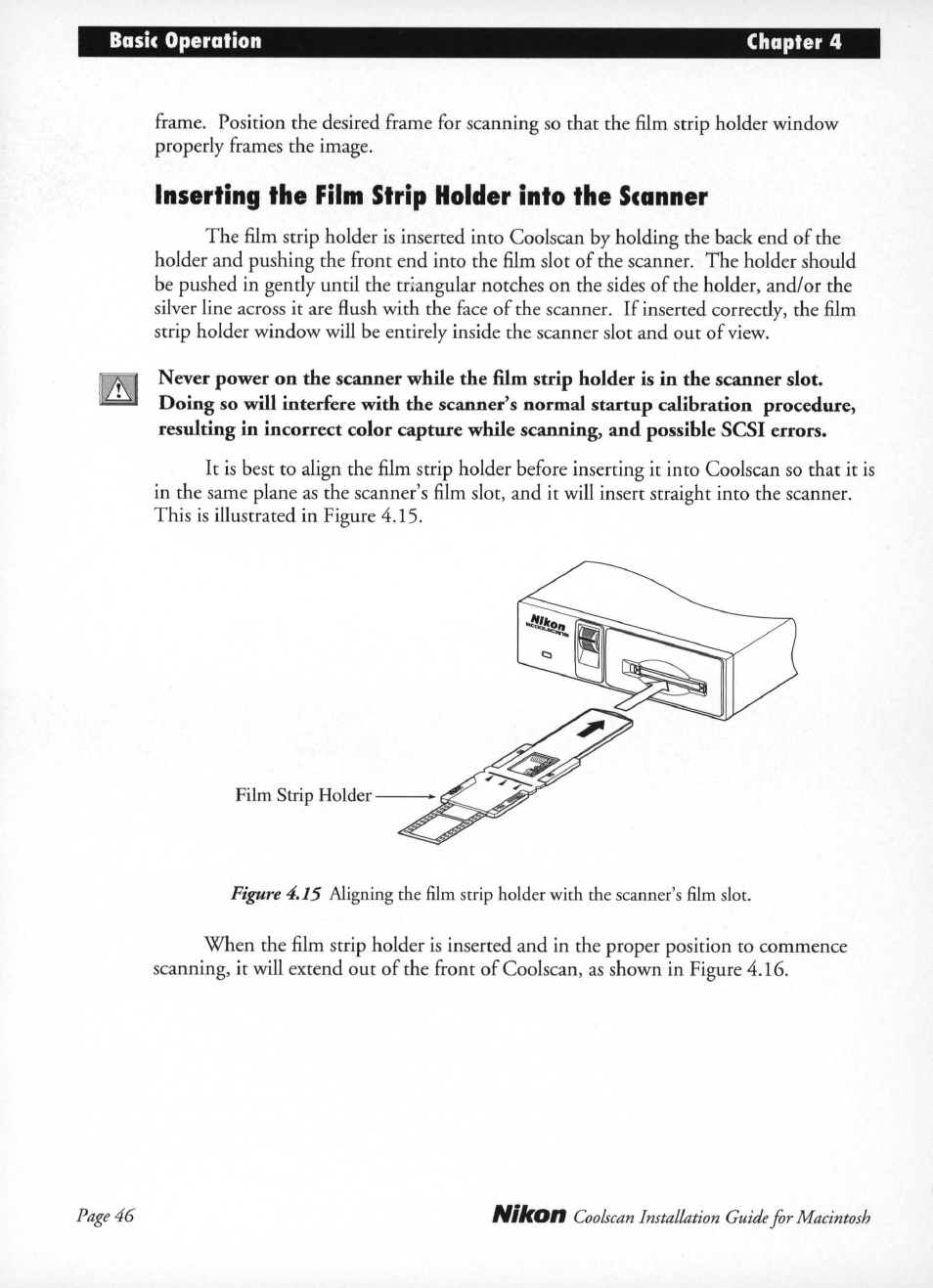 Inserting the film strip holder into the scanner, Inserting the film strip holder in the scanner | Nikon LS-10 Installation Guide for Macintosh User Manual | Page 53 / 68