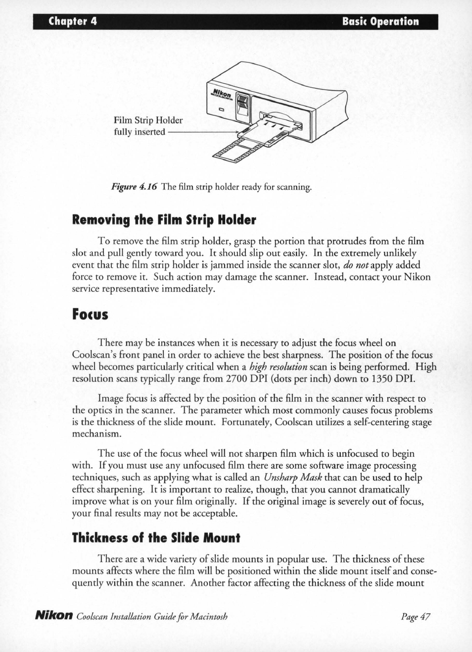 Removing the film strip holder, Focus, Thickness of the slide mount | Nikon LS-10 Installation Guide for Macintosh User Manual | Page 54 / 68