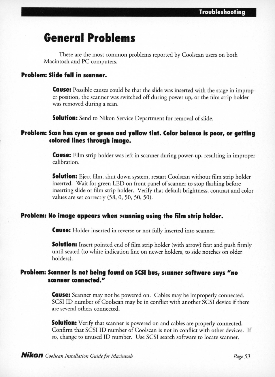 Problem: slide fell in scanner, General problems | Nikon LS-10 Installation Guide for Macintosh User Manual | Page 60 / 68