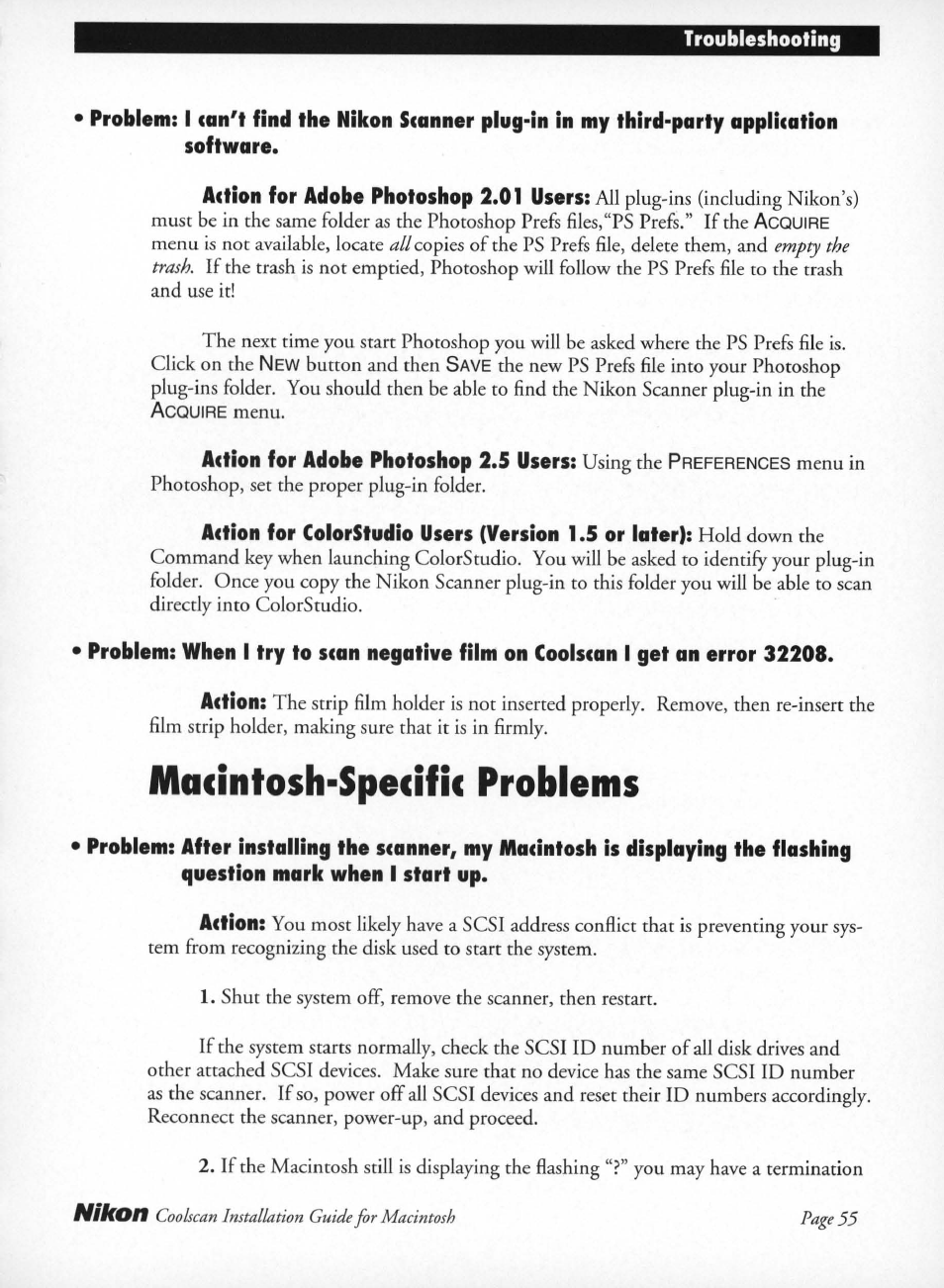 Software, Macintosh-specific problems, Menu is not available, locate | Copies of the ps prefs file, delete them, and, Button and then, Menu, Using the, Menu in photoshop, set the proper plug-in folder | Nikon LS-10 Installation Guide for Macintosh User Manual | Page 62 / 68