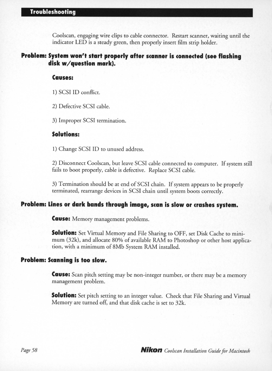 Causes, Solutions, Problem: scanning is too slow | Nikon LS-10 Installation Guide for Macintosh User Manual | Page 65 / 68