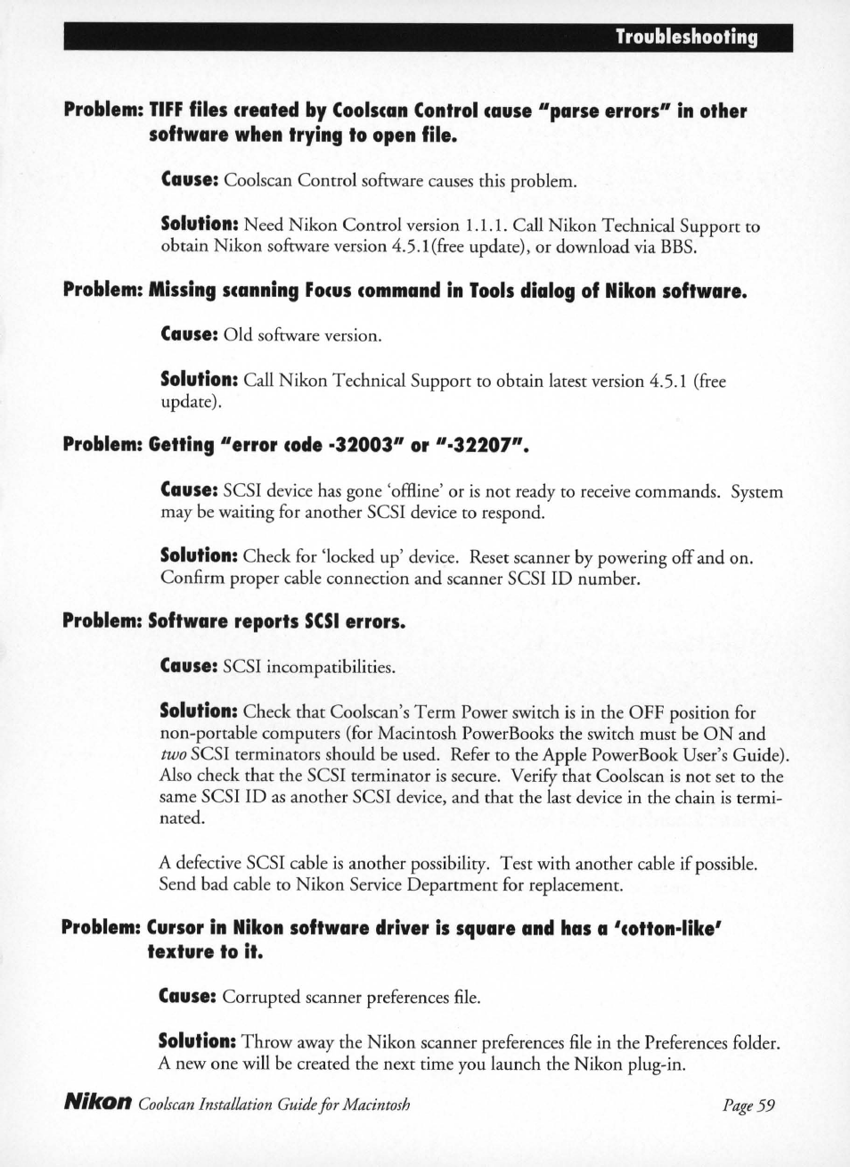 De -32003" or "-32207, Problem: software reports scsi errors, Coolscan control software causes this problem | Old software version, Scsi incompatibilities, Corrupted scannet preferences file | Nikon LS-10 Installation Guide for Macintosh User Manual | Page 66 / 68