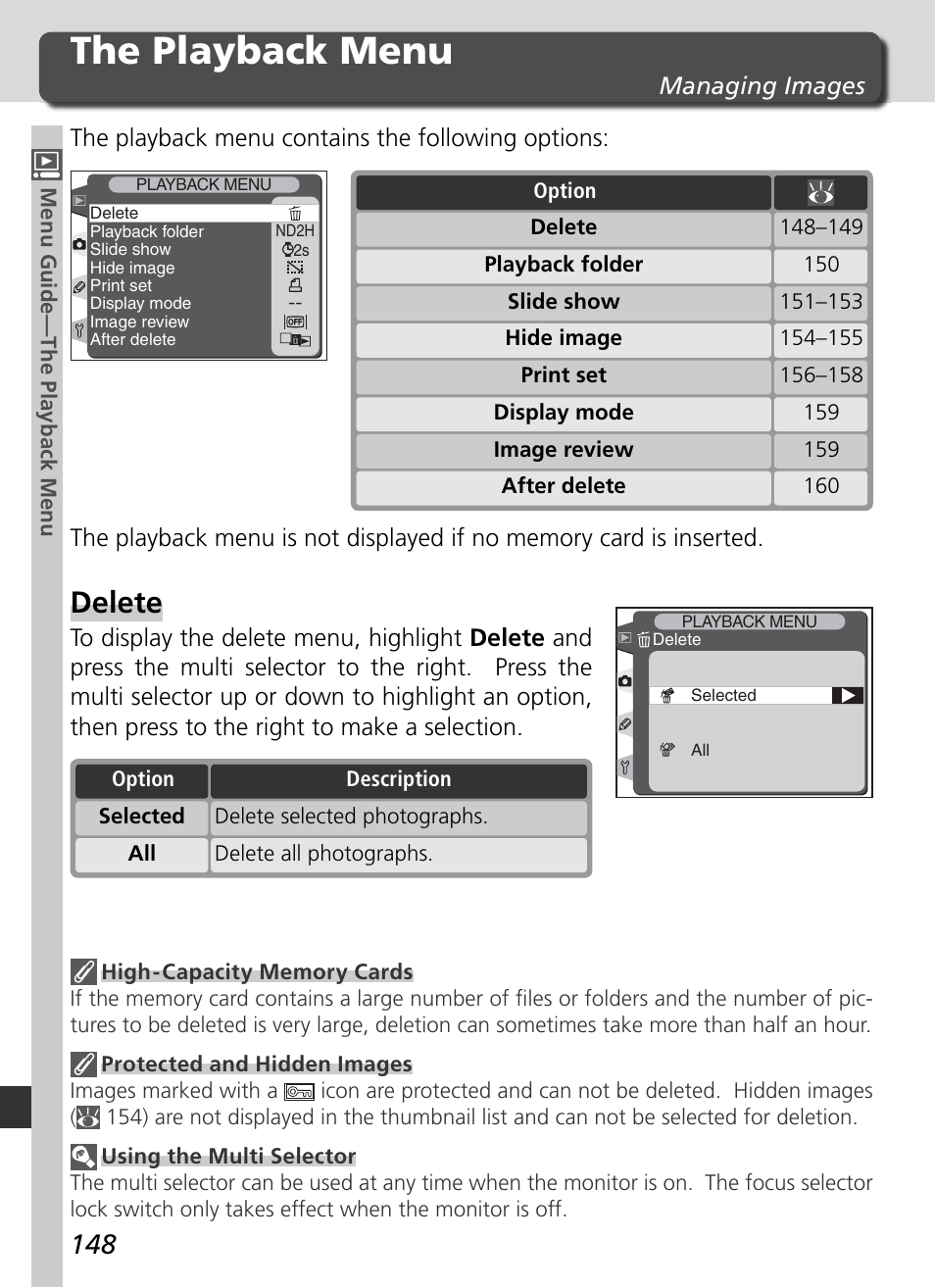 The playback menu, Delete | Nikon D2H User Manual | Page 160 / 264