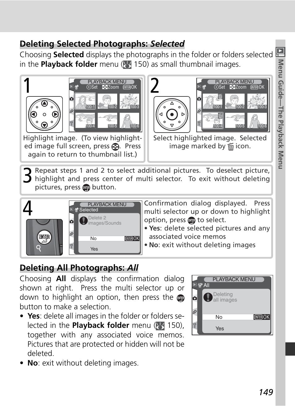 Deleting selected photographs: selected, Deleting all photographs: all | Nikon D2H User Manual | Page 161 / 264
