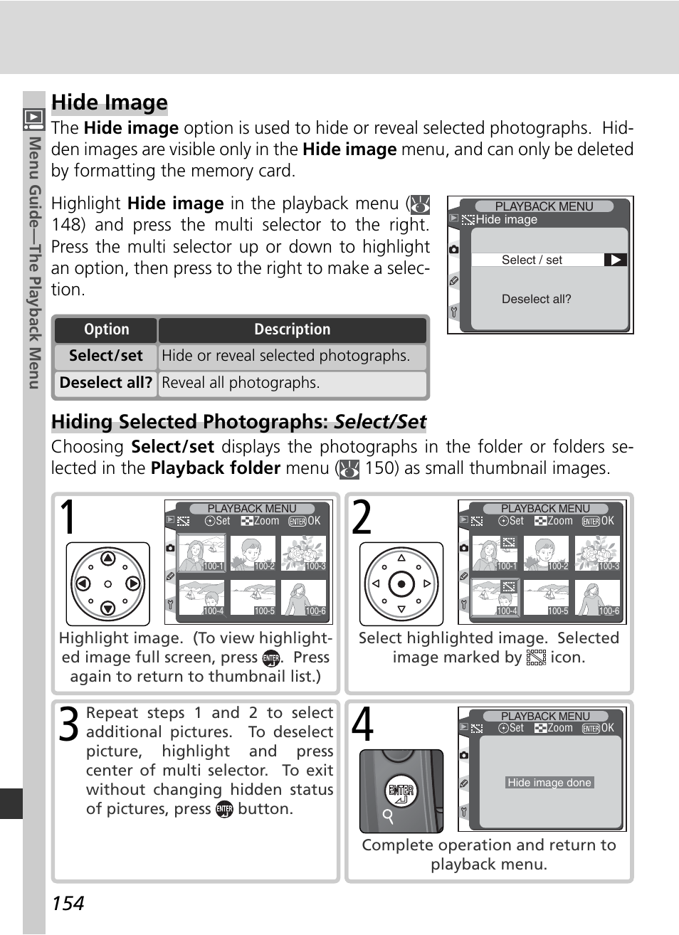 Hide image, Hiding selected photographs: select / set | Nikon D2H User Manual | Page 166 / 264