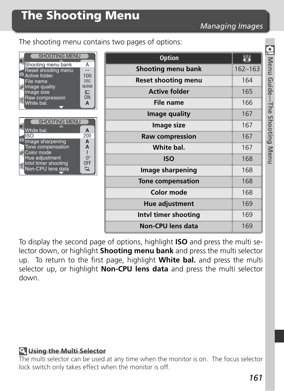 The shooting menu, The shooting menu contains two pages of options, Managing images | Nikon D2H User Manual | Page 173 / 264