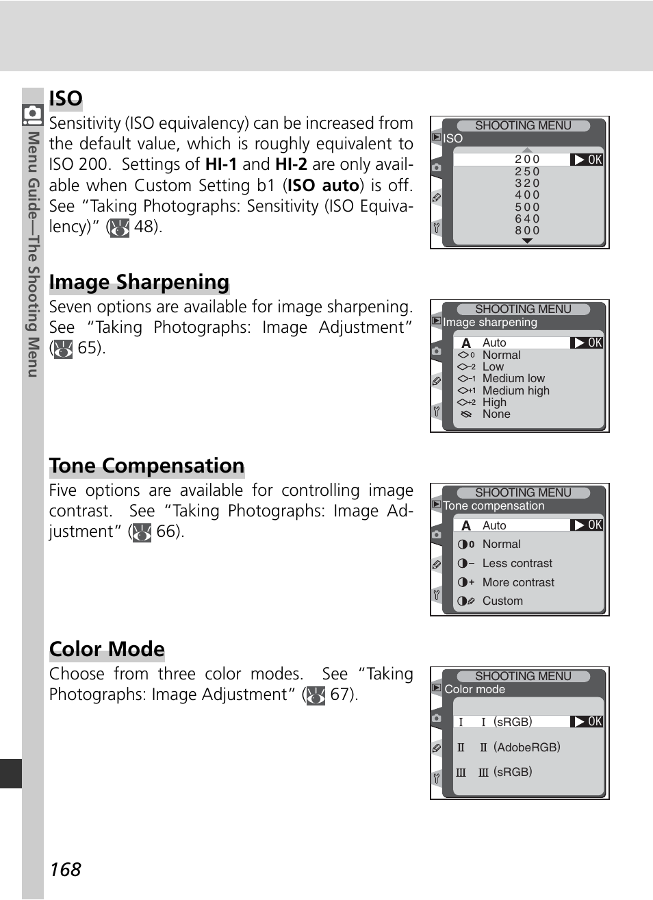 Image sharpening, Tone compensation, Color mode | Nikon D2H User Manual | Page 180 / 264