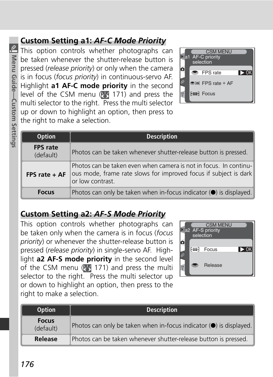 Custom setting a1: af-c mode priority, Custom setting a2: af-s mode priority | Nikon D2H User Manual | Page 188 / 264