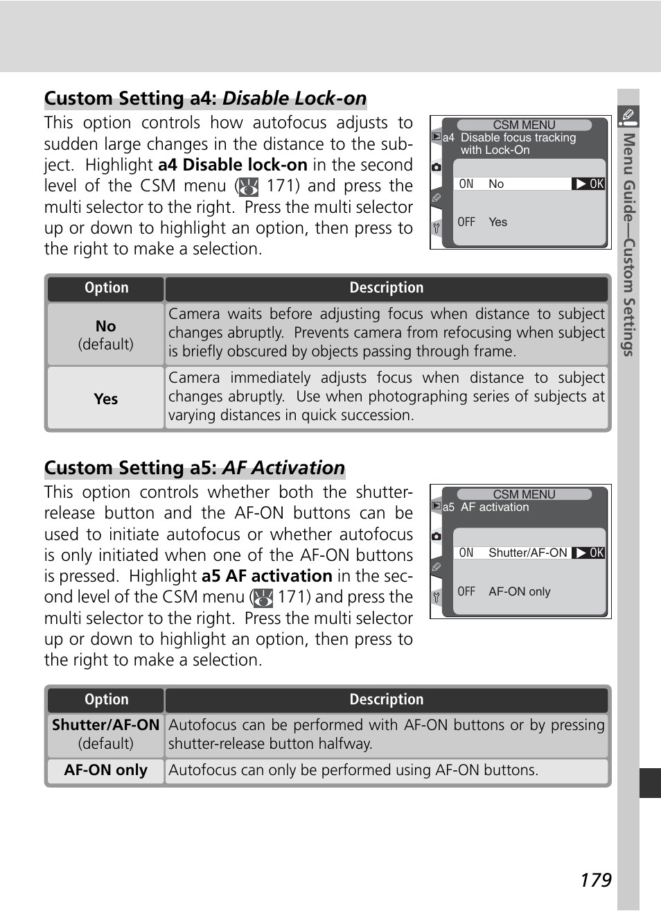 Custom setting a4: disable lock-on, Custom setting a5: af activation | Nikon D2H User Manual | Page 191 / 264