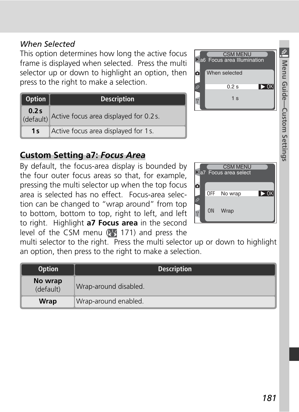 Custom setting a7: focus area | Nikon D2H User Manual | Page 193 / 264