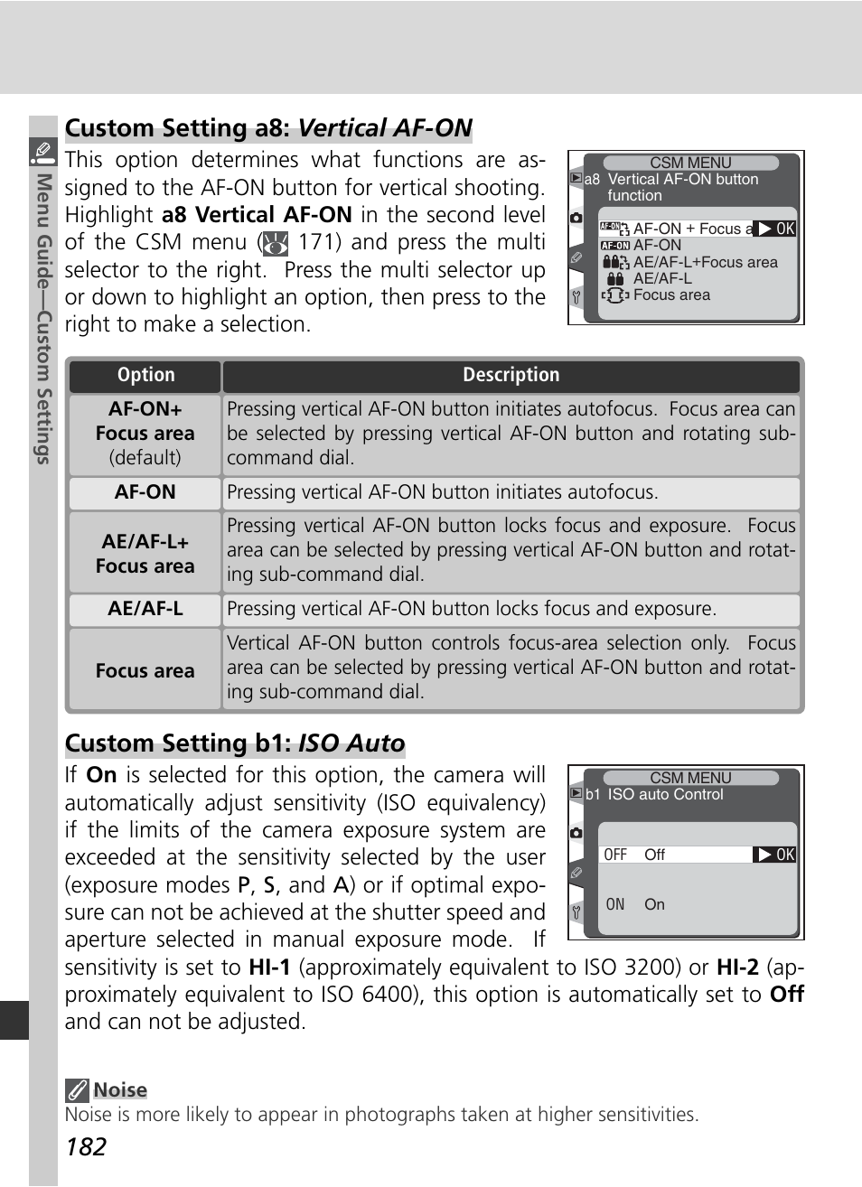 Custom setting a8: vertical af-on, Custom setting b1: iso auto | Nikon D2H User Manual | Page 194 / 264