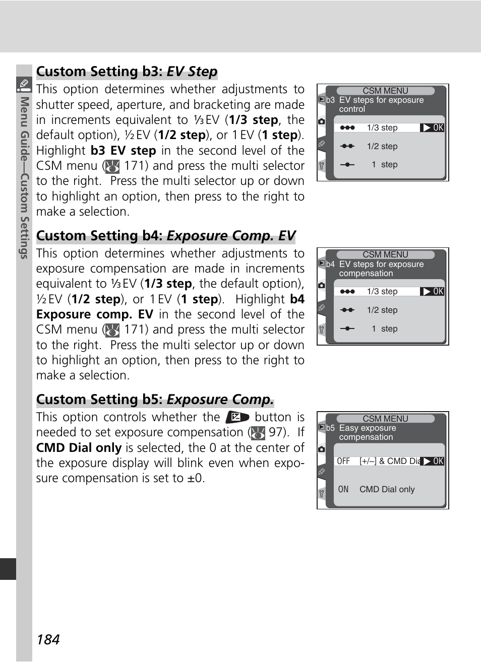 Custom setting b3: ev step, Custom setting b4: exposure comp. ev, Custom setting b5: exposure comp | Nikon D2H User Manual | Page 196 / 264