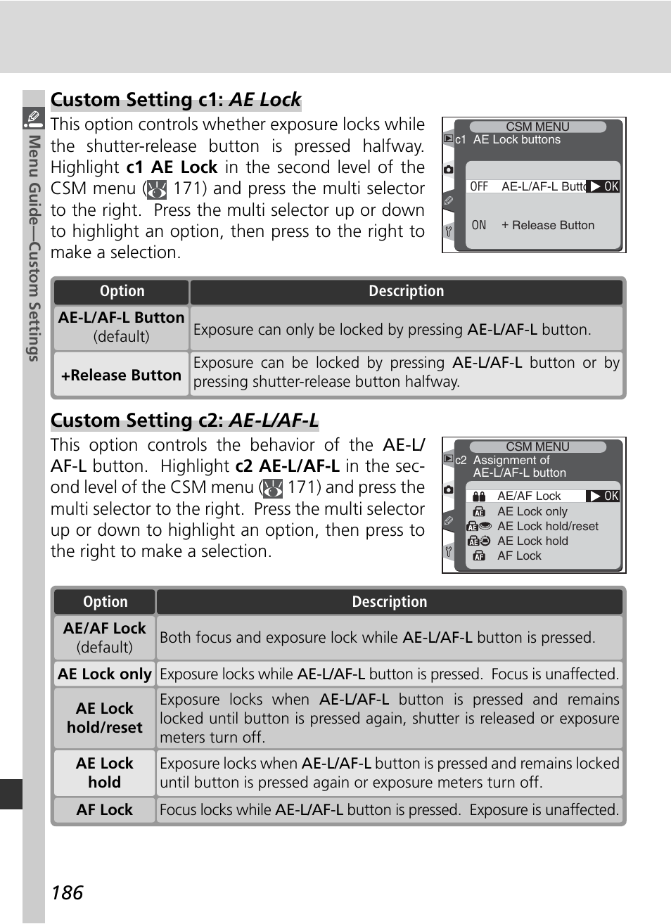 Custom setting c1: ae lock, Custom setting c2: ae-l/af-l | Nikon D2H User Manual | Page 198 / 264