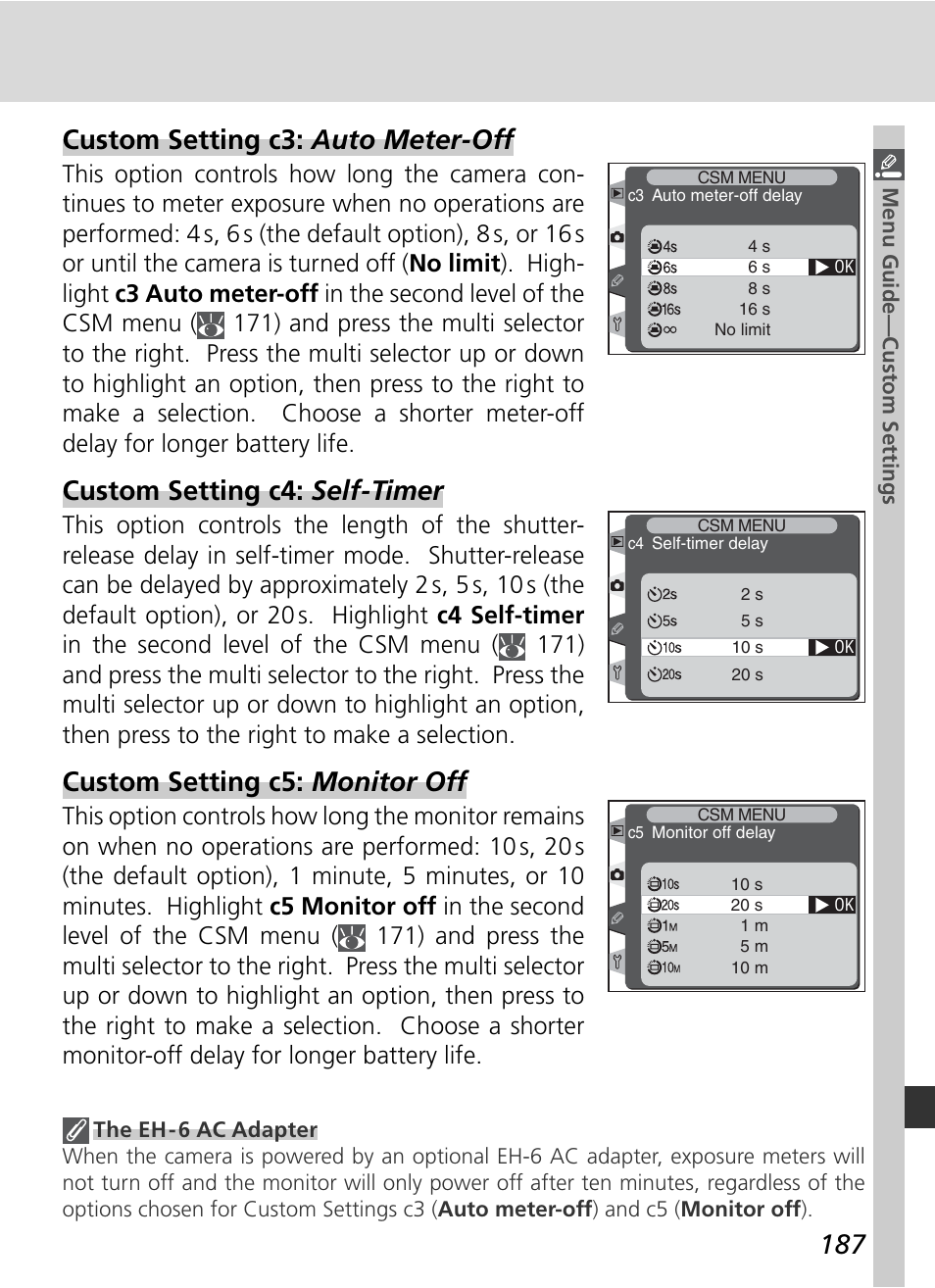 Custom setting c3: auto meter-off, Custom setting c4: self-timer, Custom setting c5: monitor off | Nikon D2H User Manual | Page 199 / 264