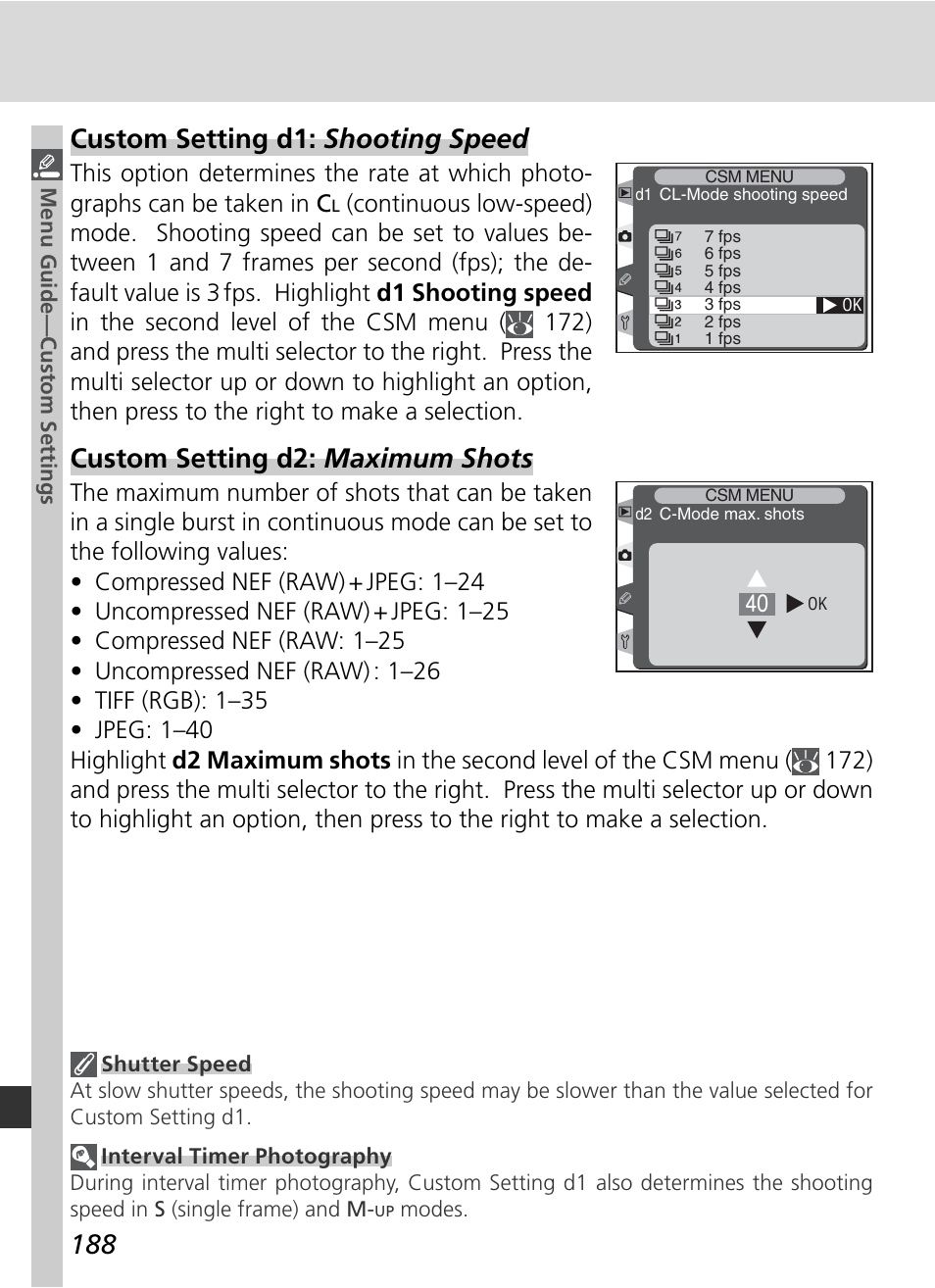 Custom setting d1: shooting speed, Custom setting d2: maximum shots | Nikon D2H User Manual | Page 200 / 264