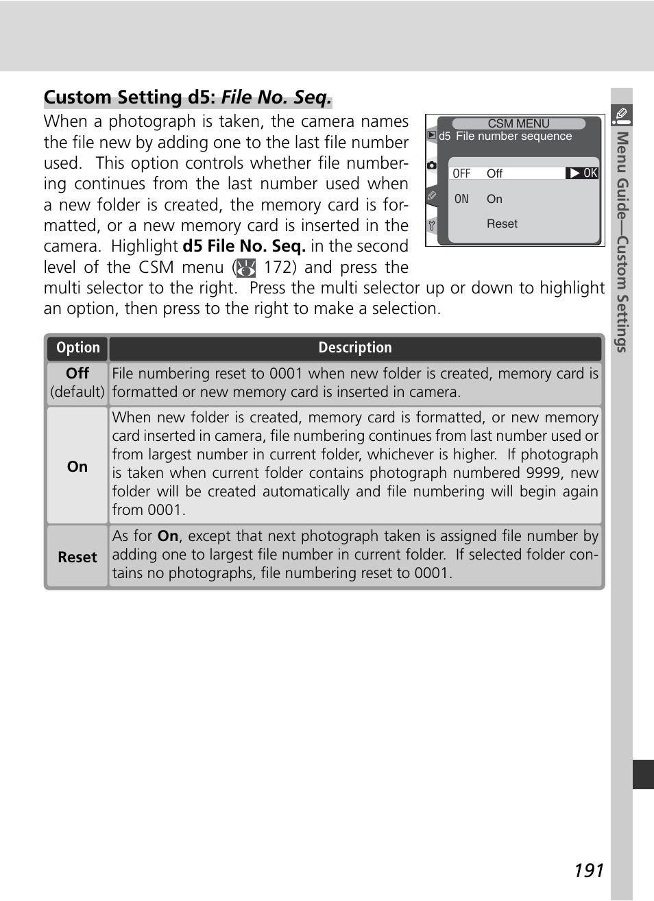 Custom setting d5: file no. seq | Nikon D2H User Manual | Page 203 / 264