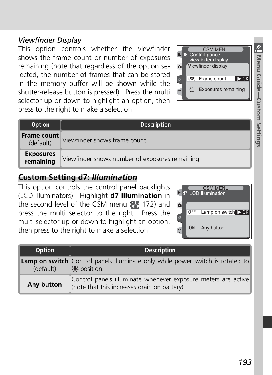 Custom setting d7: illumination | Nikon D2H User Manual | Page 205 / 264