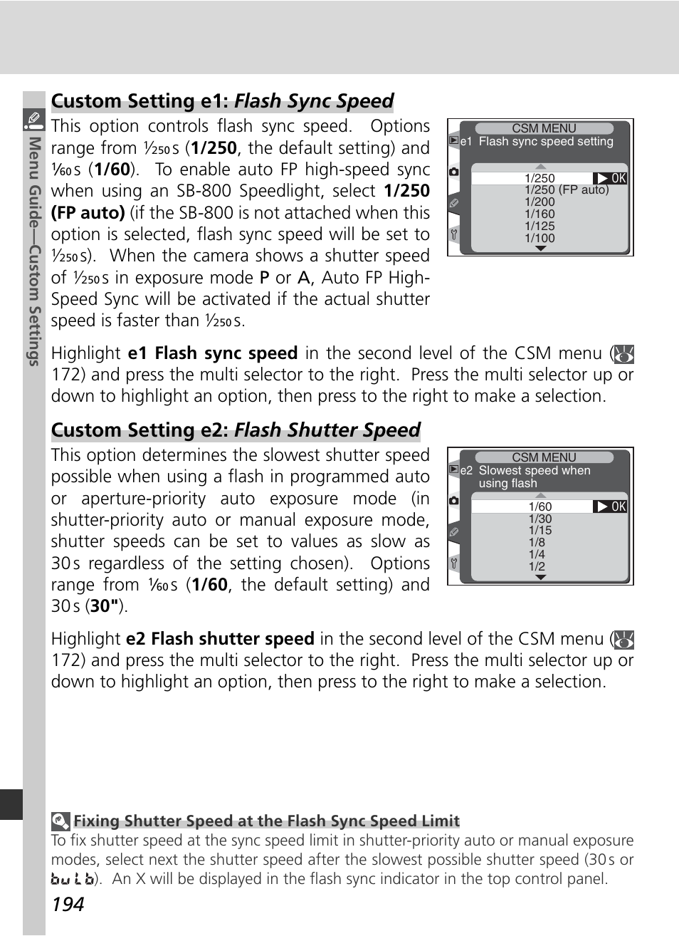 Custom setting e1: flash sync speed, Custom setting e2: flash shutter speed, S ( 1/250 , the default setting) and | S). when the camera shows a shutter speed of | Nikon D2H User Manual | Page 206 / 264