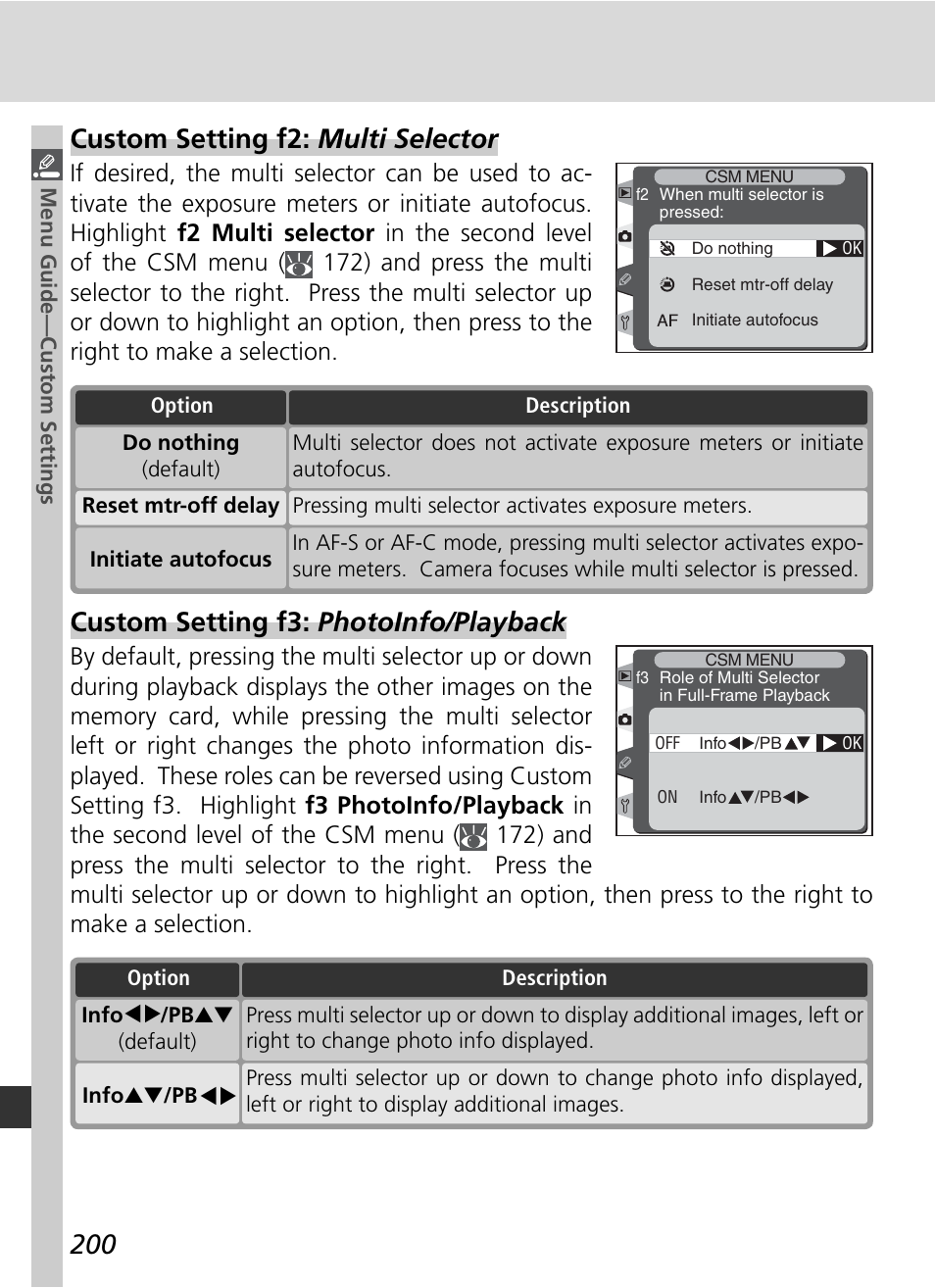 Custom setting f2: multi selector, Custom setting f3: photoinfo/playback | Nikon D2H User Manual | Page 212 / 264