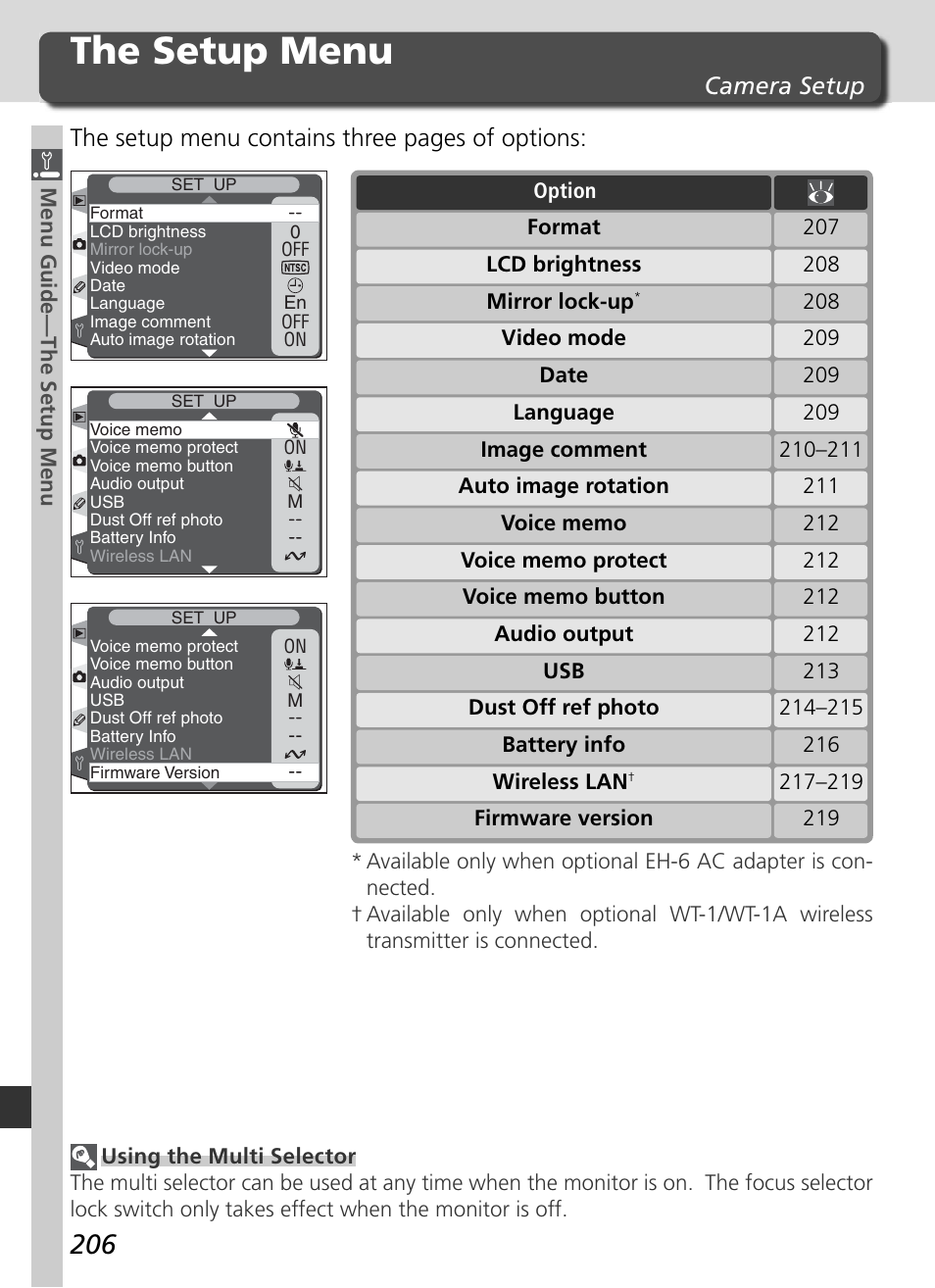 The setup menu, The setup menu contains three pages of options, Camera setup | Nikon D2H User Manual | Page 218 / 264