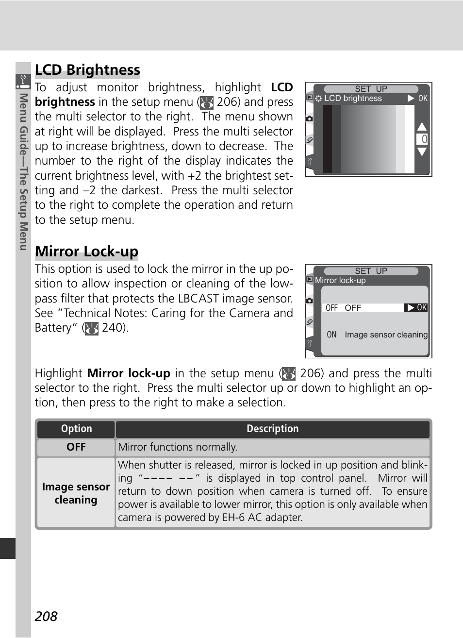 Lcd brightness, Mirror lock-up | Nikon D2H User Manual | Page 220 / 264
