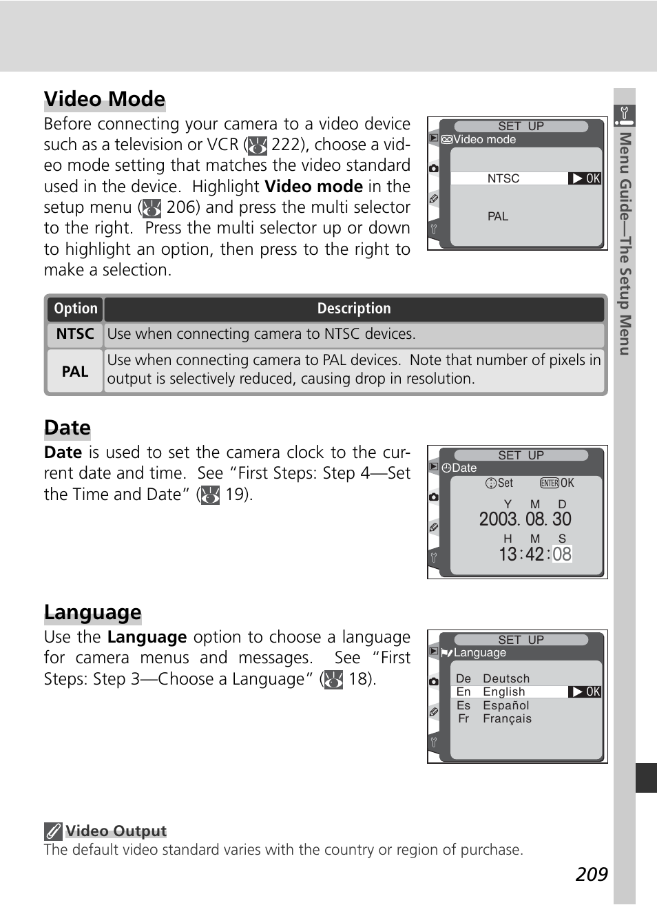 Video mode, Language, Date | Nikon D2H User Manual | Page 221 / 264