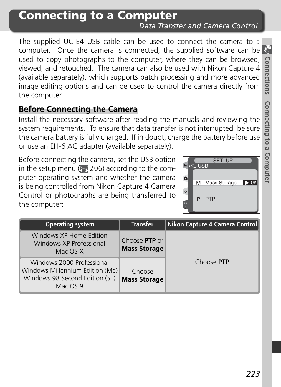 Connecting to a computer, Before connecting the camera | Nikon D2H User Manual | Page 235 / 264