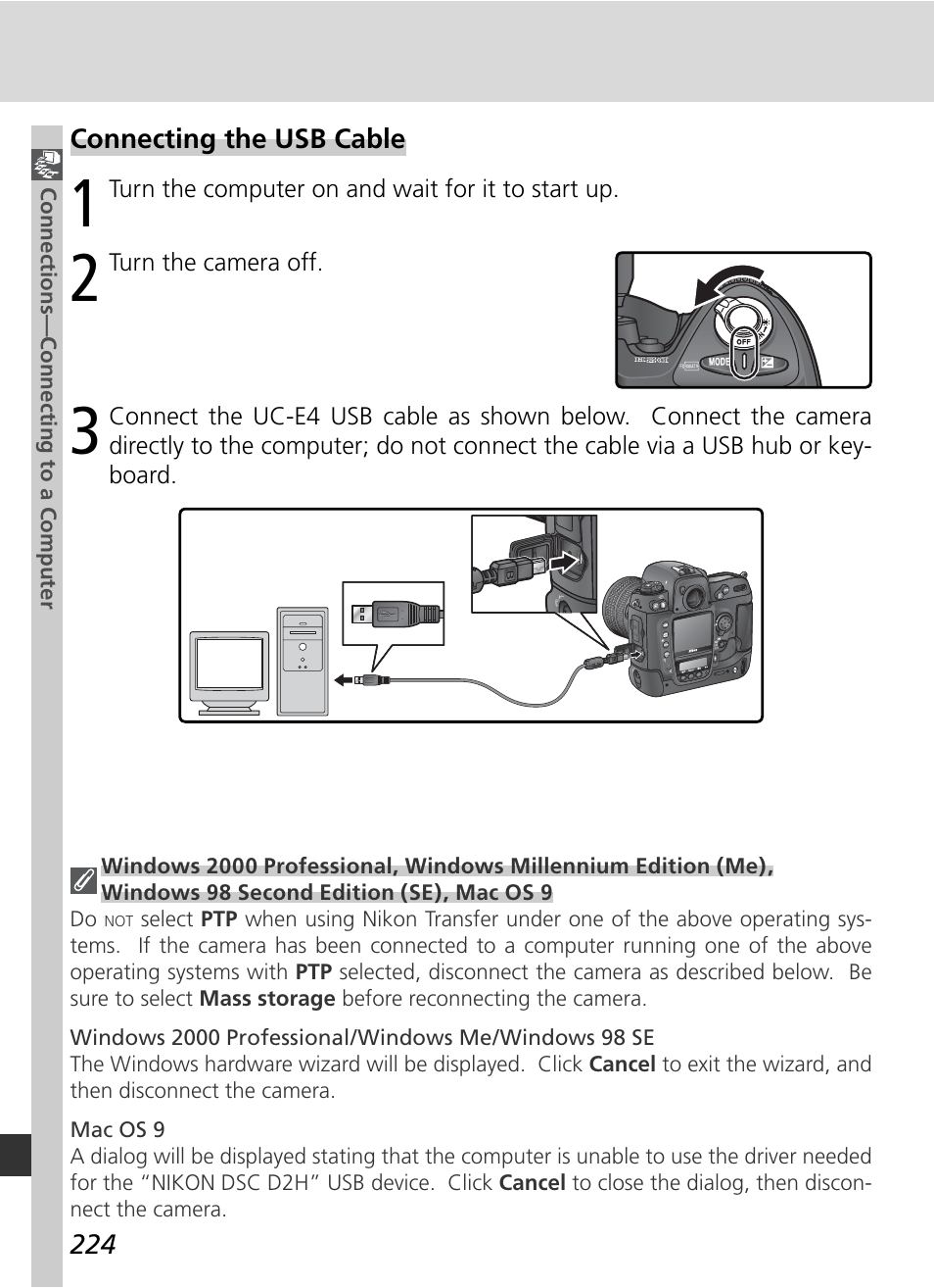 Connecting the usb cable | Nikon D2H User Manual | Page 236 / 264