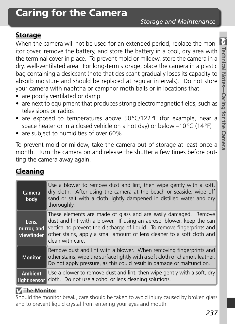 Caring for the camera, Storage, Cleaning | Nikon D2H User Manual | Page 249 / 264