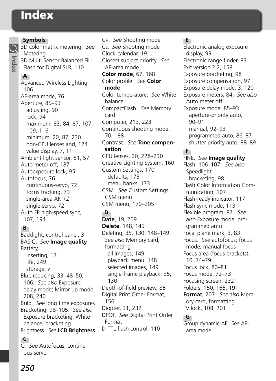 Index | Nikon D2H User Manual | Page 262 / 264