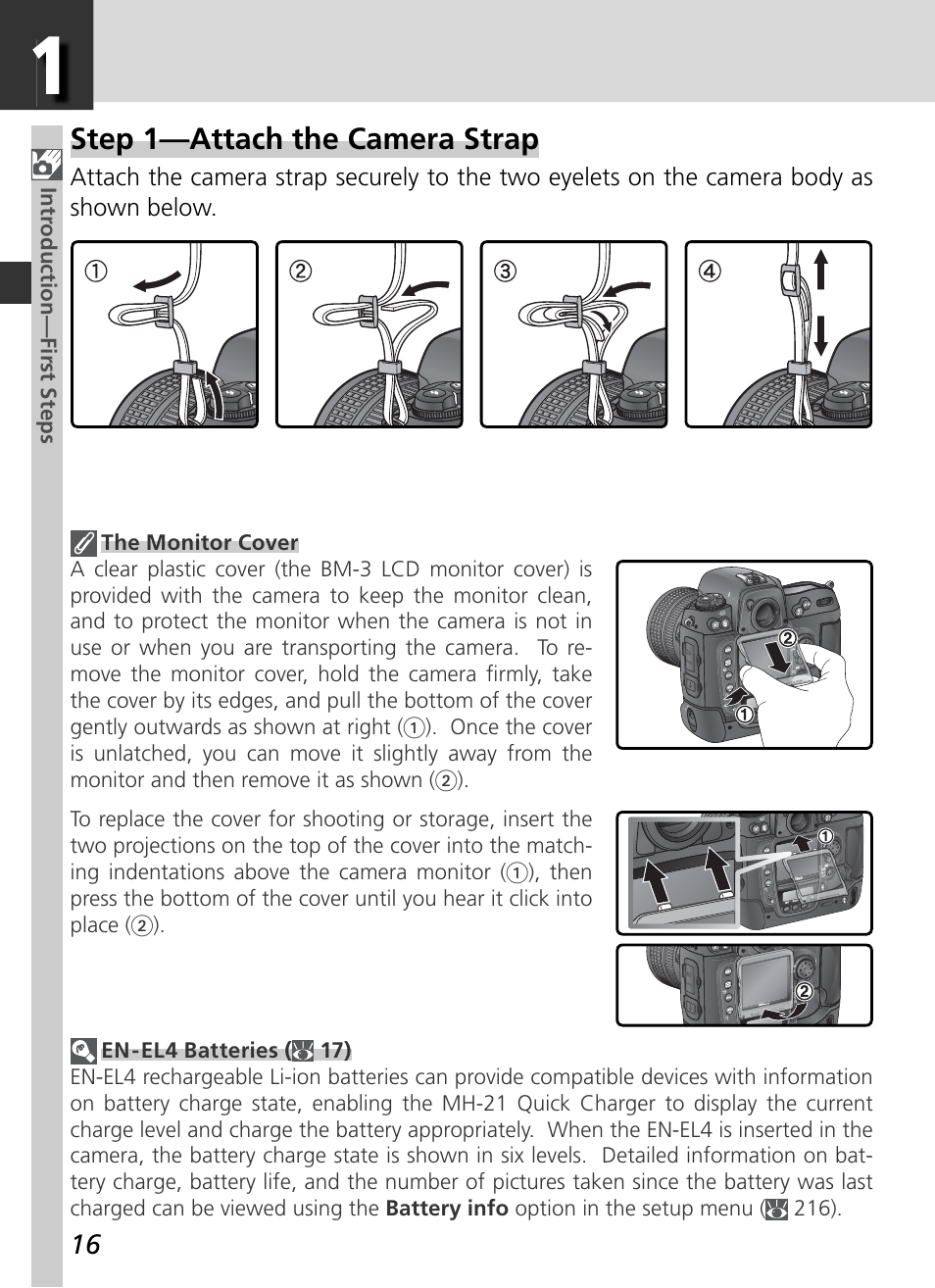 Step 1—attach the camera strap, Intr oduction—first steps | Nikon D2H User Manual | Page 28 / 264