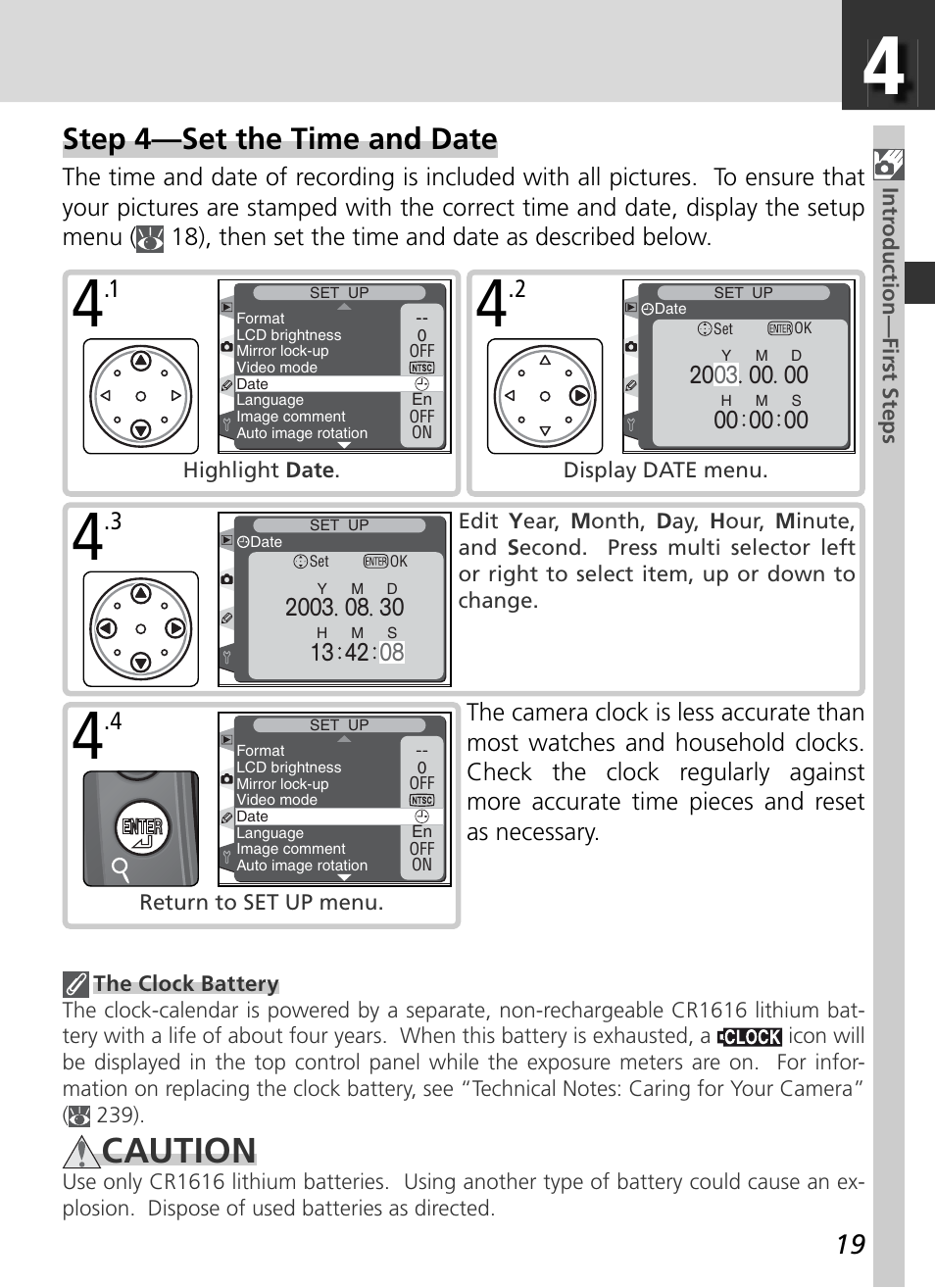 Caution, Step 4—set the time and date | Nikon D2H User Manual | Page 31 / 264