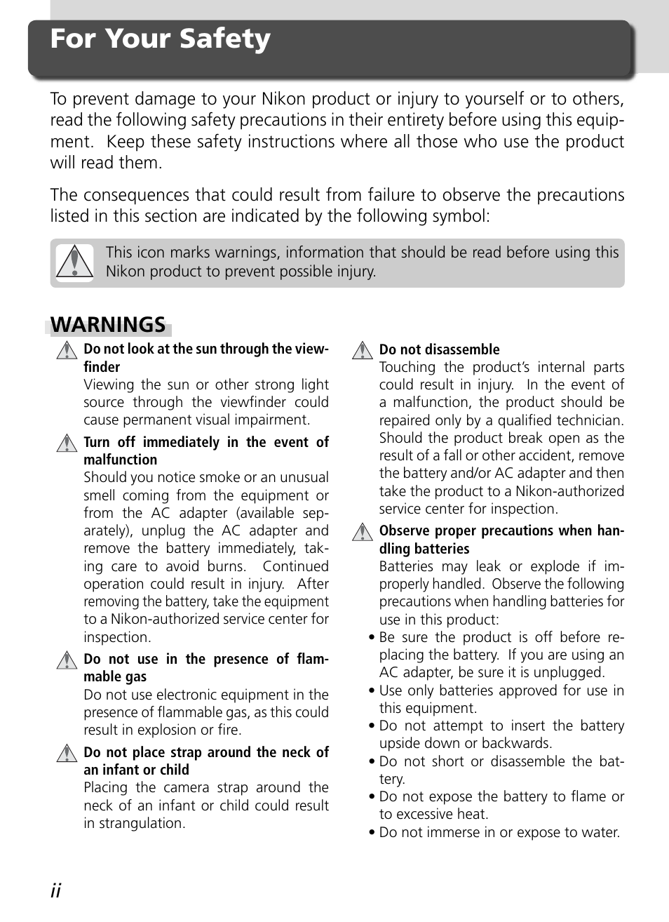 For your safety, Warnings | Nikon D2H User Manual | Page 4 / 264