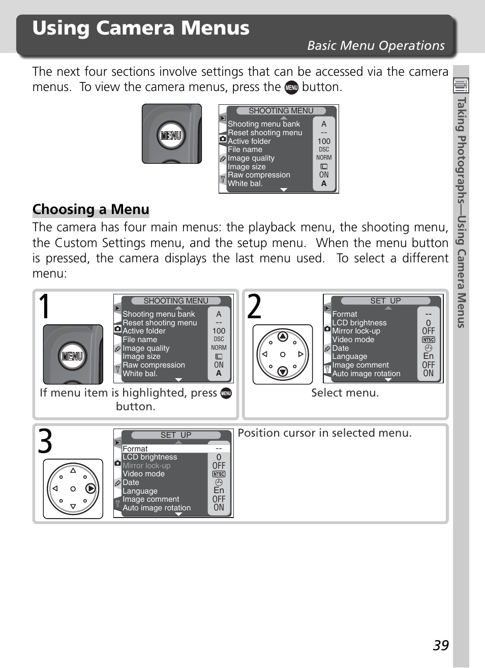 Using camera menus, Choosing a menu, Basic menu operations | Nikon D2H User Manual | Page 51 / 264