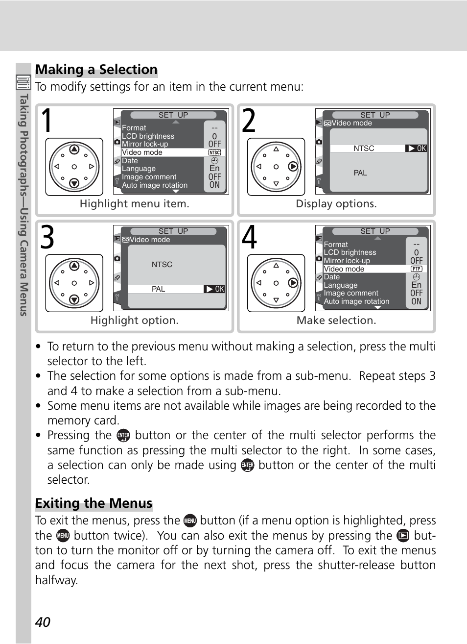 Exiting the menus, Making a selection | Nikon D2H User Manual | Page 52 / 264