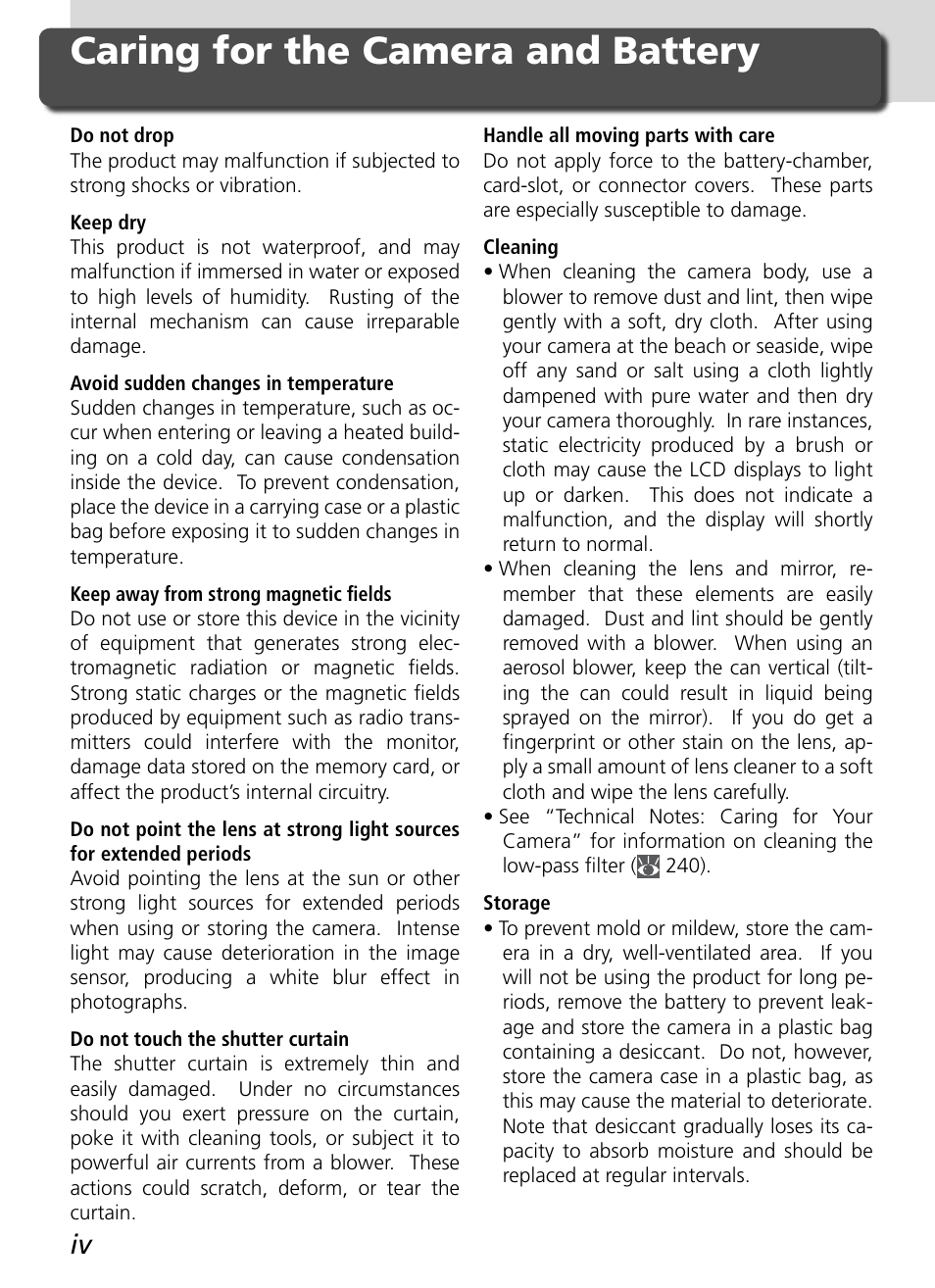 Caring for the camera and battery | Nikon D2H User Manual | Page 6 / 264