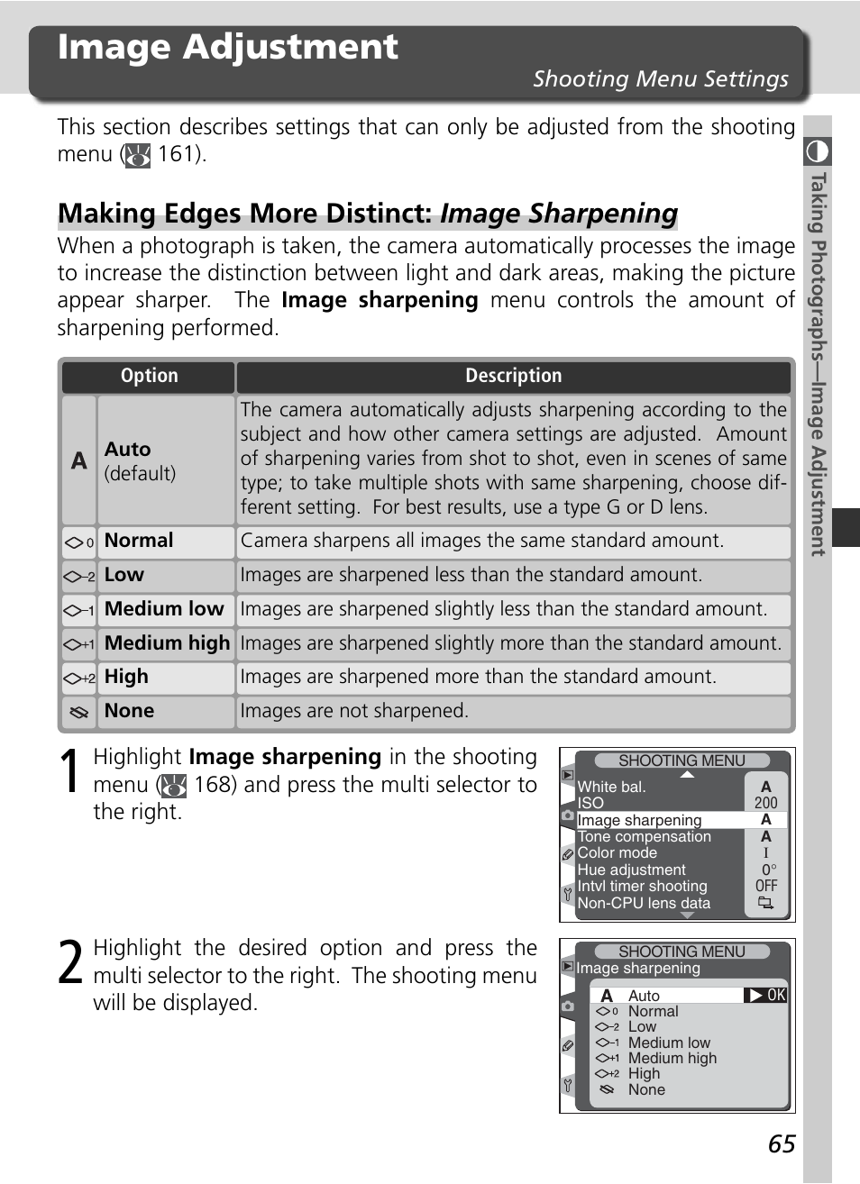 Image adjustment, Making edges more distinct: image sharpening | Nikon D2H User Manual | Page 77 / 264