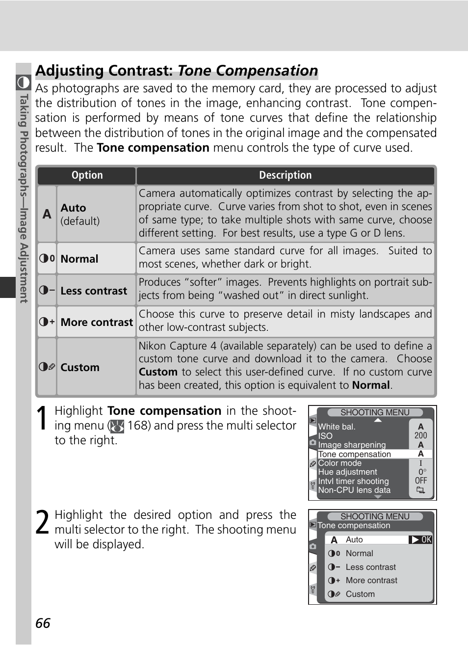 Adjusting contrast: tone compensation | Nikon D2H User Manual | Page 78 / 264