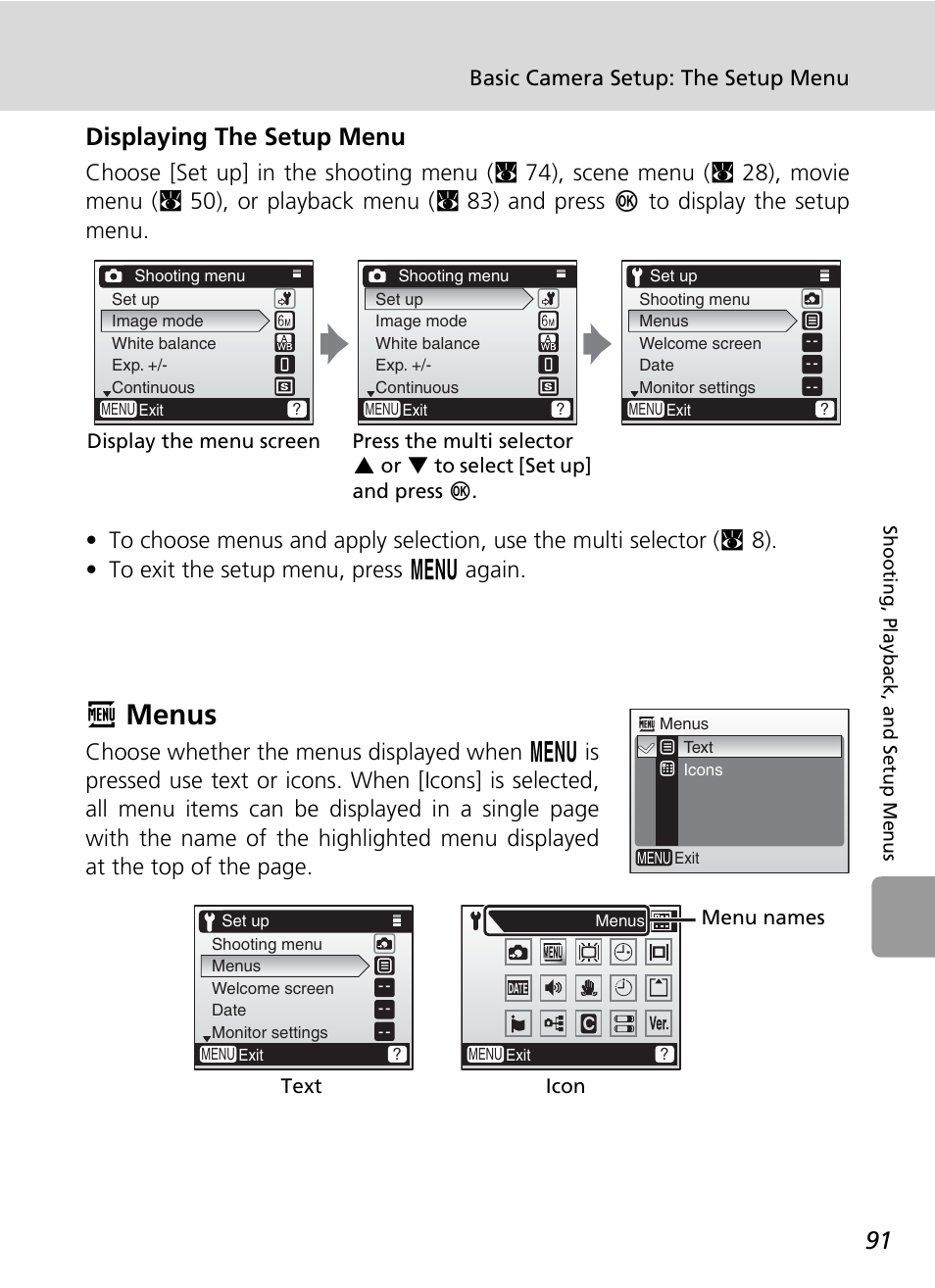 R menus, Rmenus, Displaying the setup menu | Basic camera setup: the setup menu | Nikon L6 User Manual | Page 103 / 140