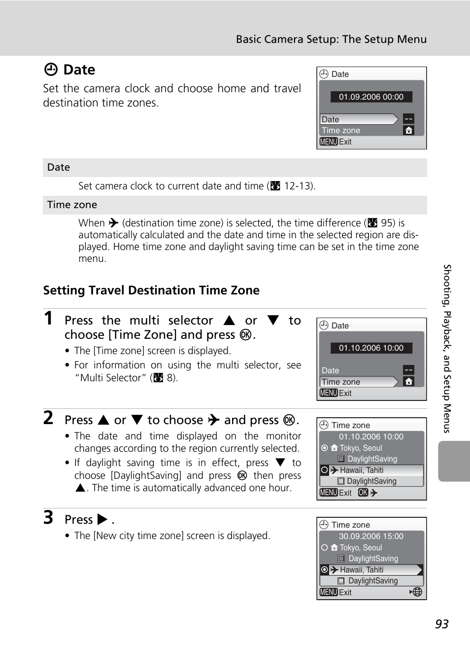 W date, Wdate, Setting travel destination time zone | Press g or h to choose y and press d, Press j | Nikon L6 User Manual | Page 105 / 140