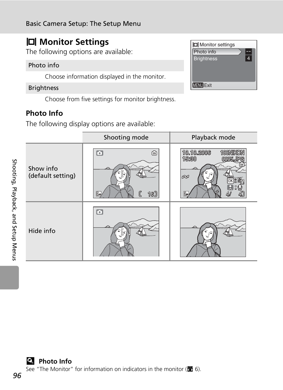 Z monitor settings, Zmonitor settings, Photo info | Nikon L6 User Manual | Page 108 / 140