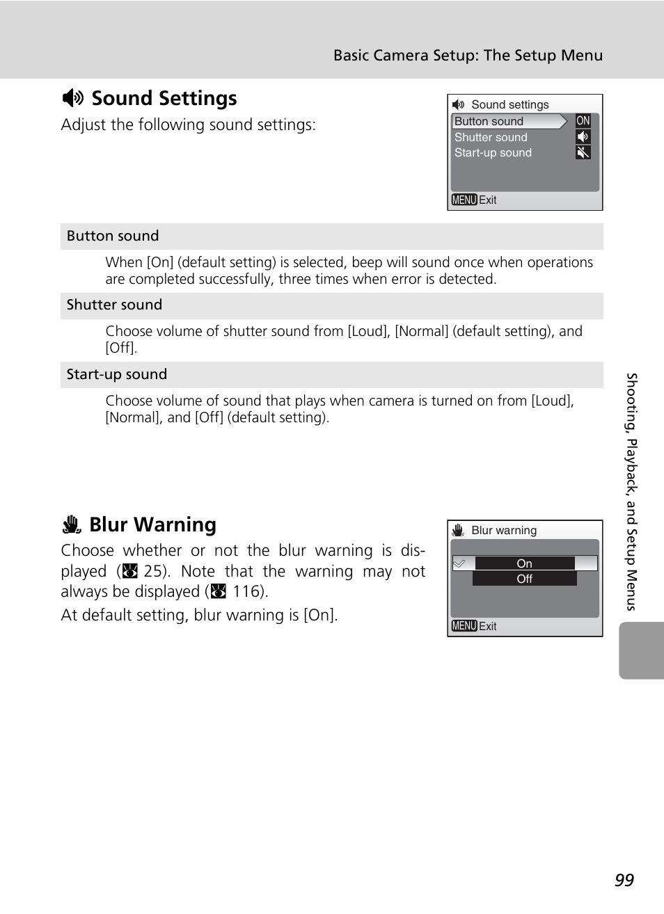 H sound settings, H blur warning, Hsound settings | Hblur warning | Nikon L6 User Manual | Page 111 / 140
