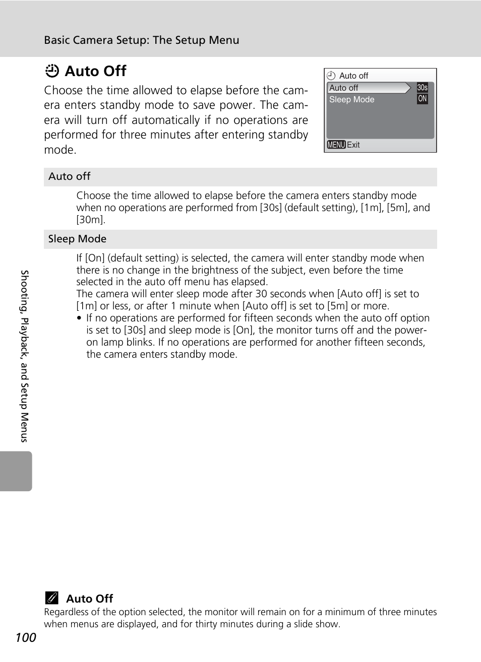 I auto off, To off menu (c 100, Iauto off | Nikon L6 User Manual | Page 112 / 140