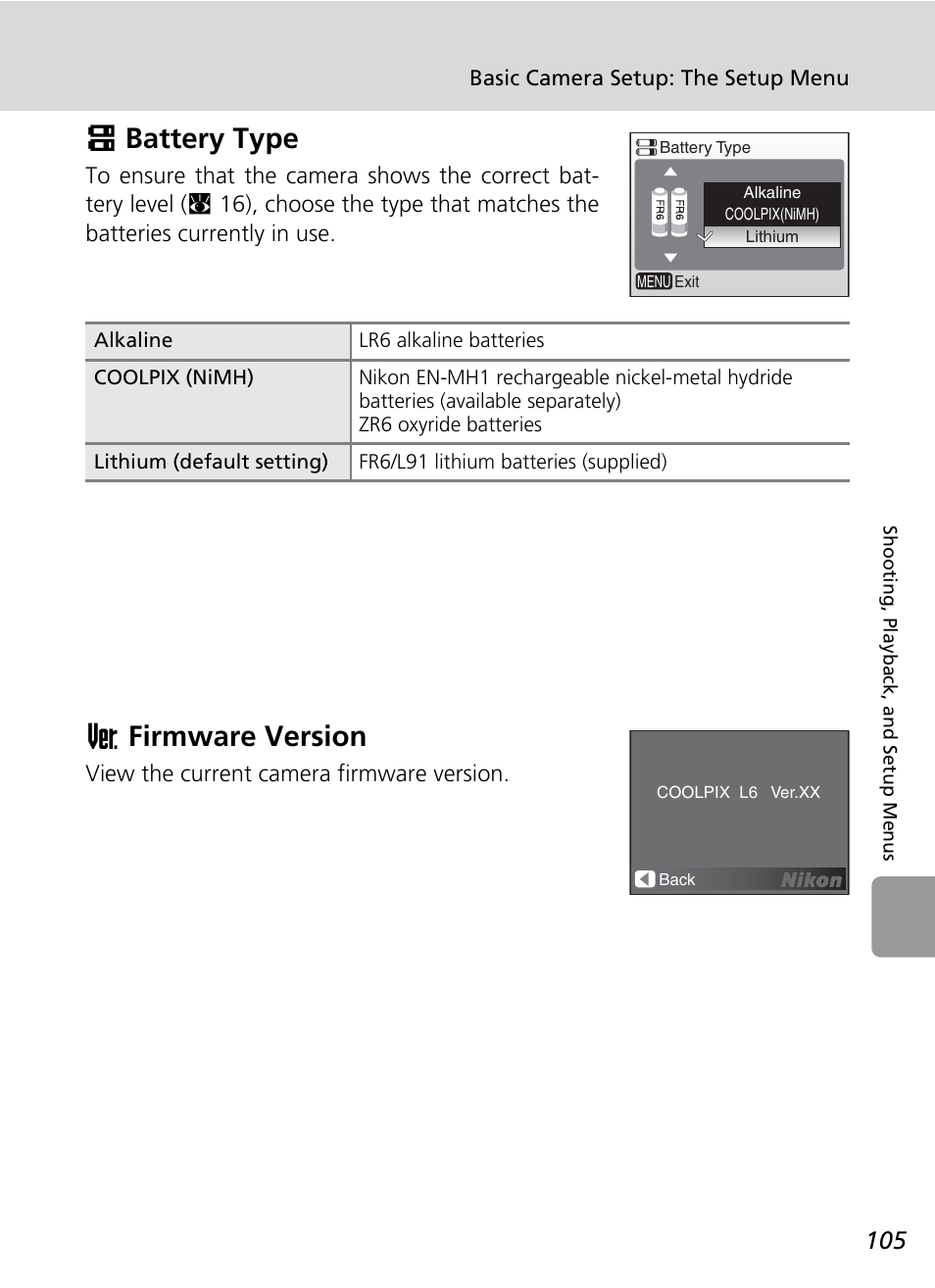 G battery type, B firmware version, C 105 | C 105), Gbattery type, Bfirmware version | Nikon L6 User Manual | Page 117 / 140